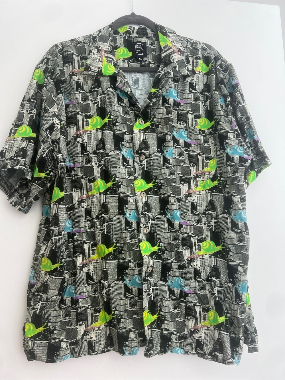 Brain Dead Snail Print Bowling Shirt XL Camp Collar Hawaiian Viscose Button Down